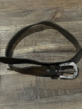 Brave Leather Men's Dark Brown Leather Belt with Distressed Silver Buckle